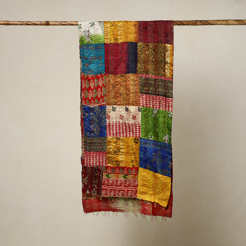 Multicolor - Reversible Patchwork Silk Bengal Kantha Stitch Stole 89