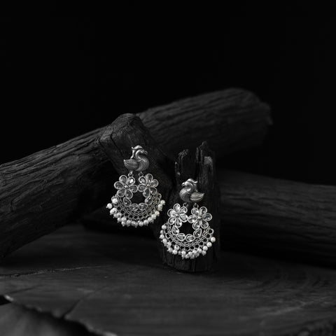 White - saanjh bela bird oxidised earrings - handcrafted