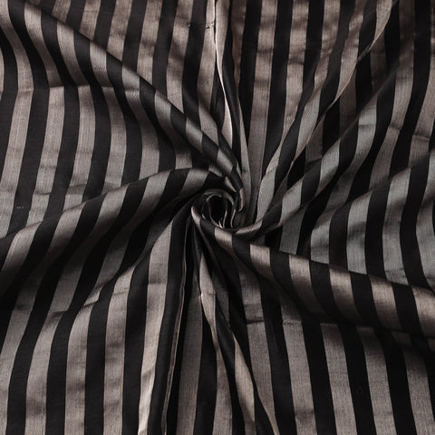 Black - Handloom Full Tissue Silver Zari Stripes Chanderi Silk Fabric 25