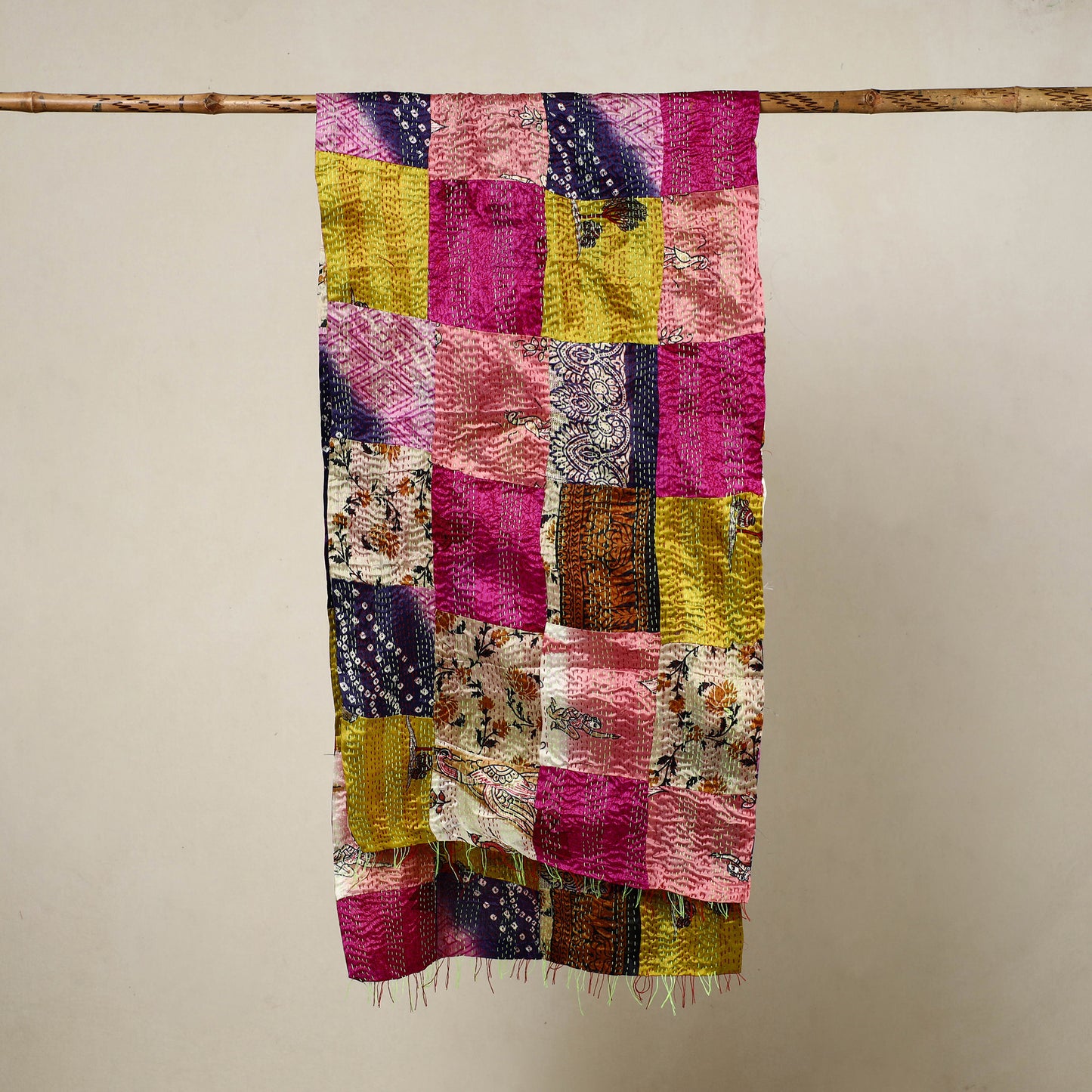 Multicolor - Reversible Patchwork Silk Bengal Kantha Stitch Stole 86