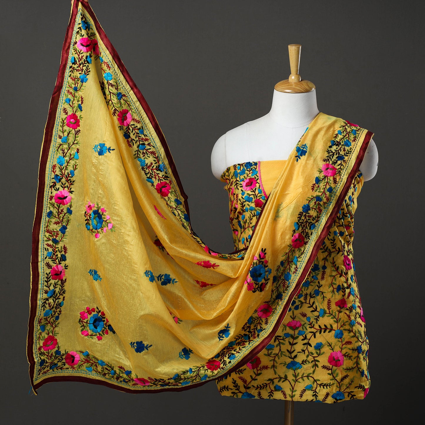 Yellow - 3pc Hand Embroidery Chanderi Silk Phulkari Dress Material 101