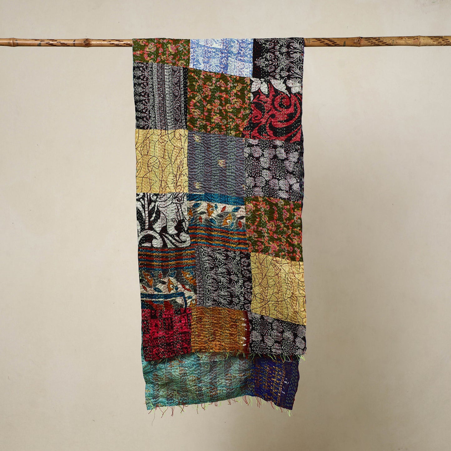 Multicolor - Reversible Patchwork Silk Bengal Kantha Stitch Stole 85