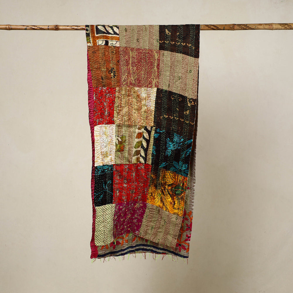 Multicolor - Reversible Patchwork Silk Bengal Kantha Stitch Stole 84