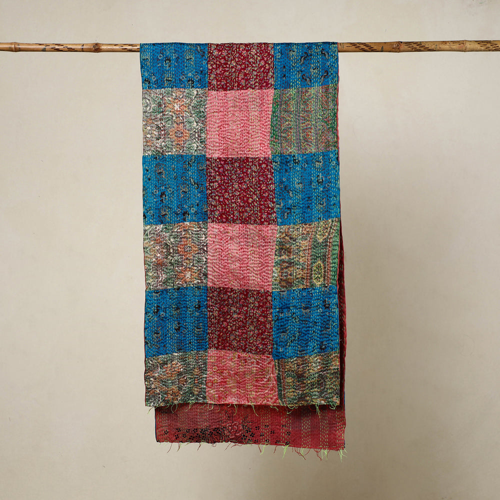 Multicolor - Reversible Patchwork Silk Bengal Kantha Stitch Stole 83