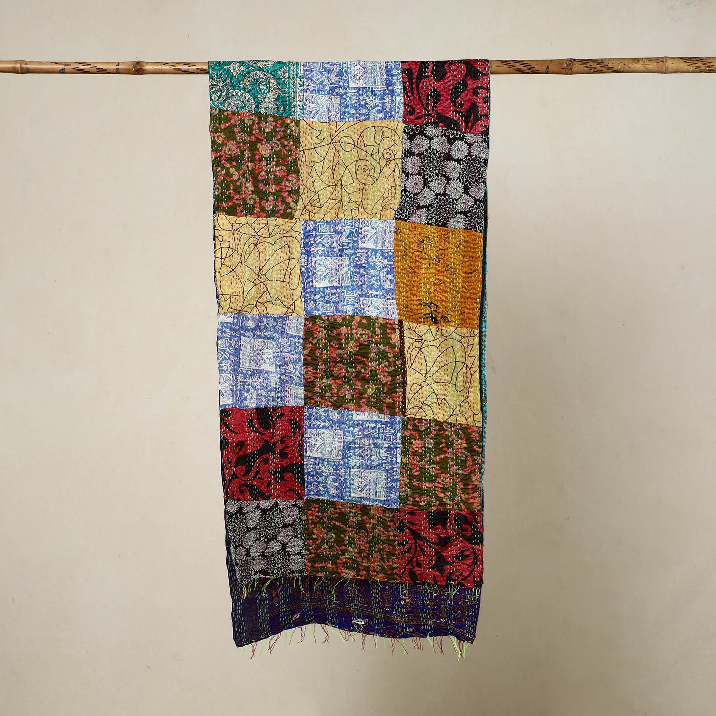 Multicolor - Reversible Patchwork Silk Bengal Kantha Stitch Stole 82