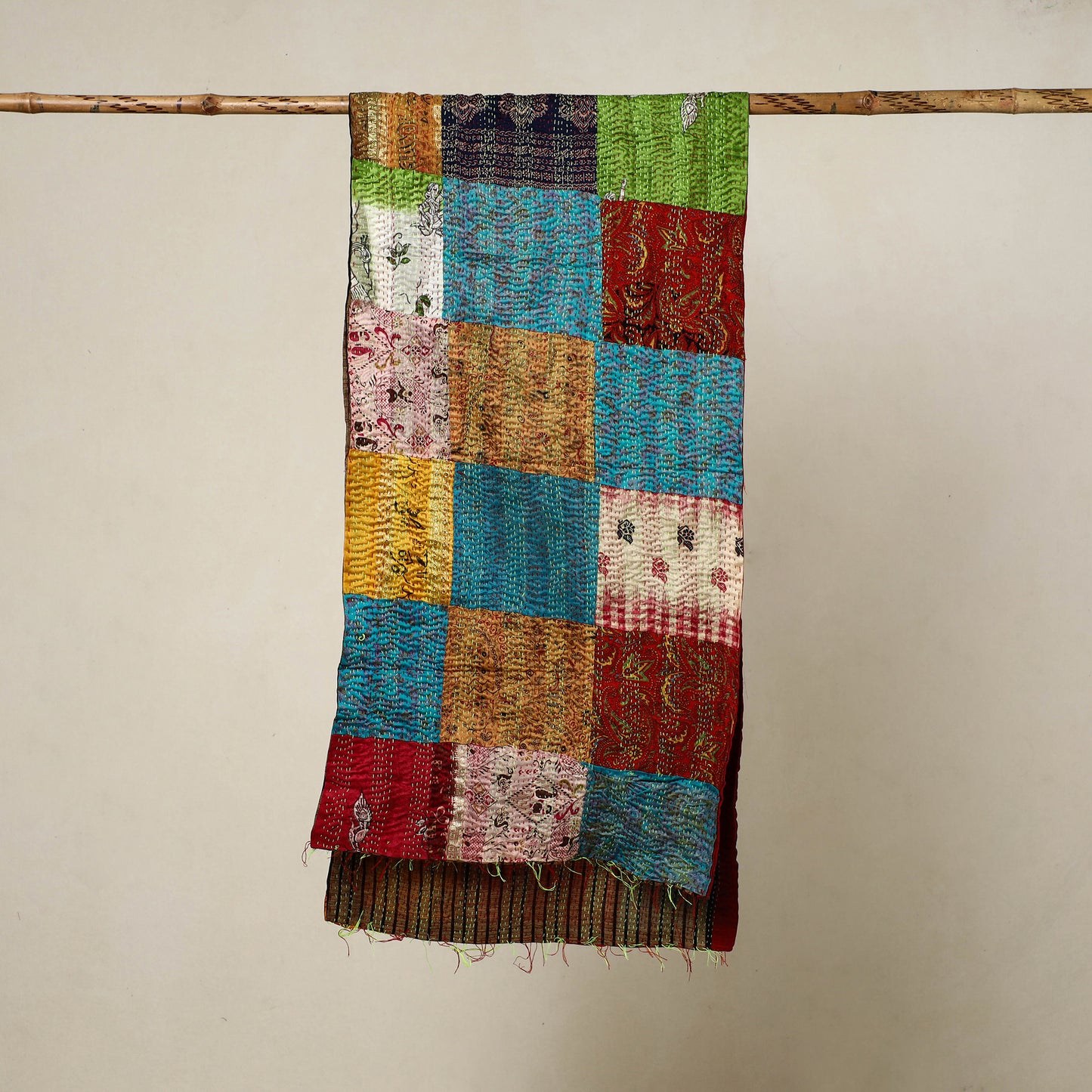 Multicolor - Reversible Patchwork Silk Bengal Kantha Stitch Stole 80