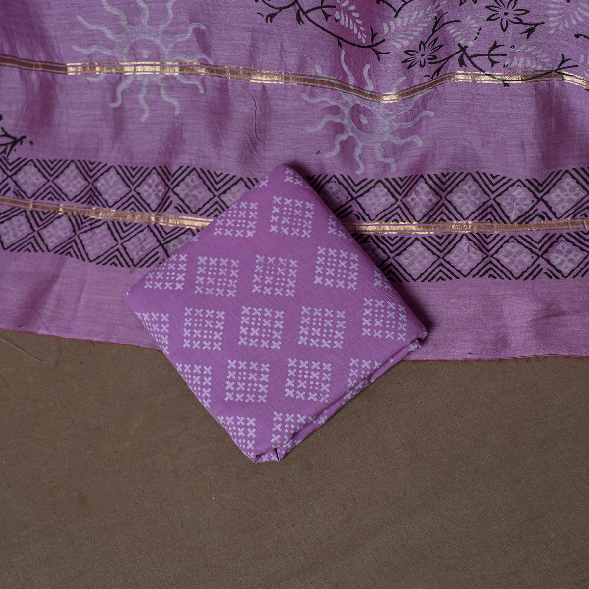 Chanderi Silk Jaipur Hand Block Print Unstitched Dress Material: Kurta, Bottom with Dupatta 18