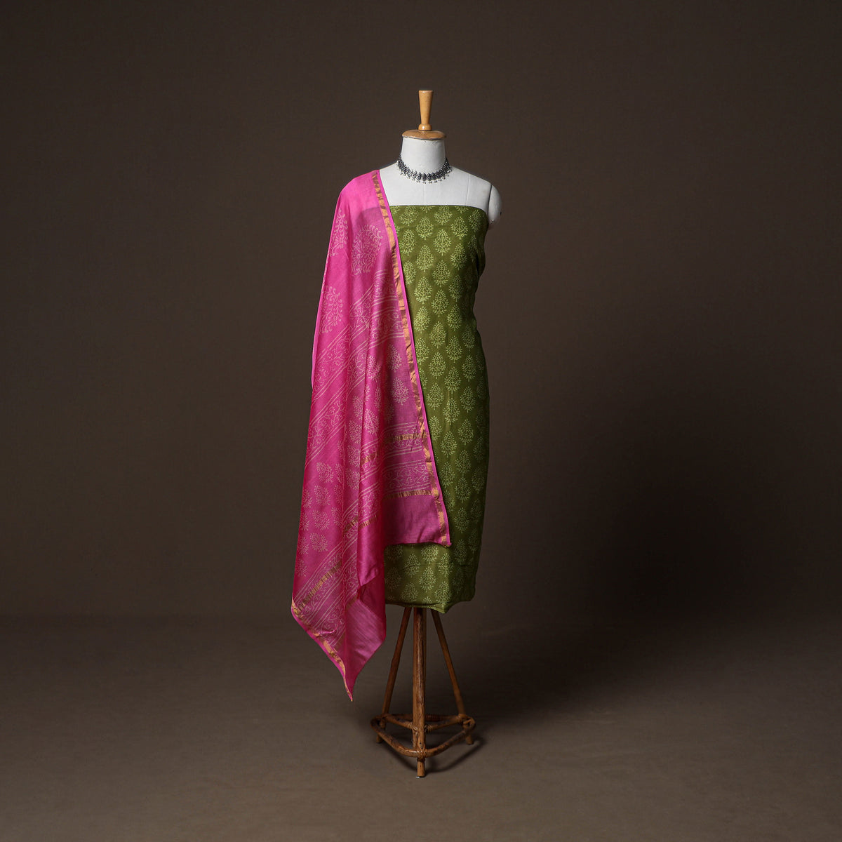 Chanderi Silk Jaipur Hand Block Print Unstitched Dress Material: Kurta, Bottom with Dupatta 19