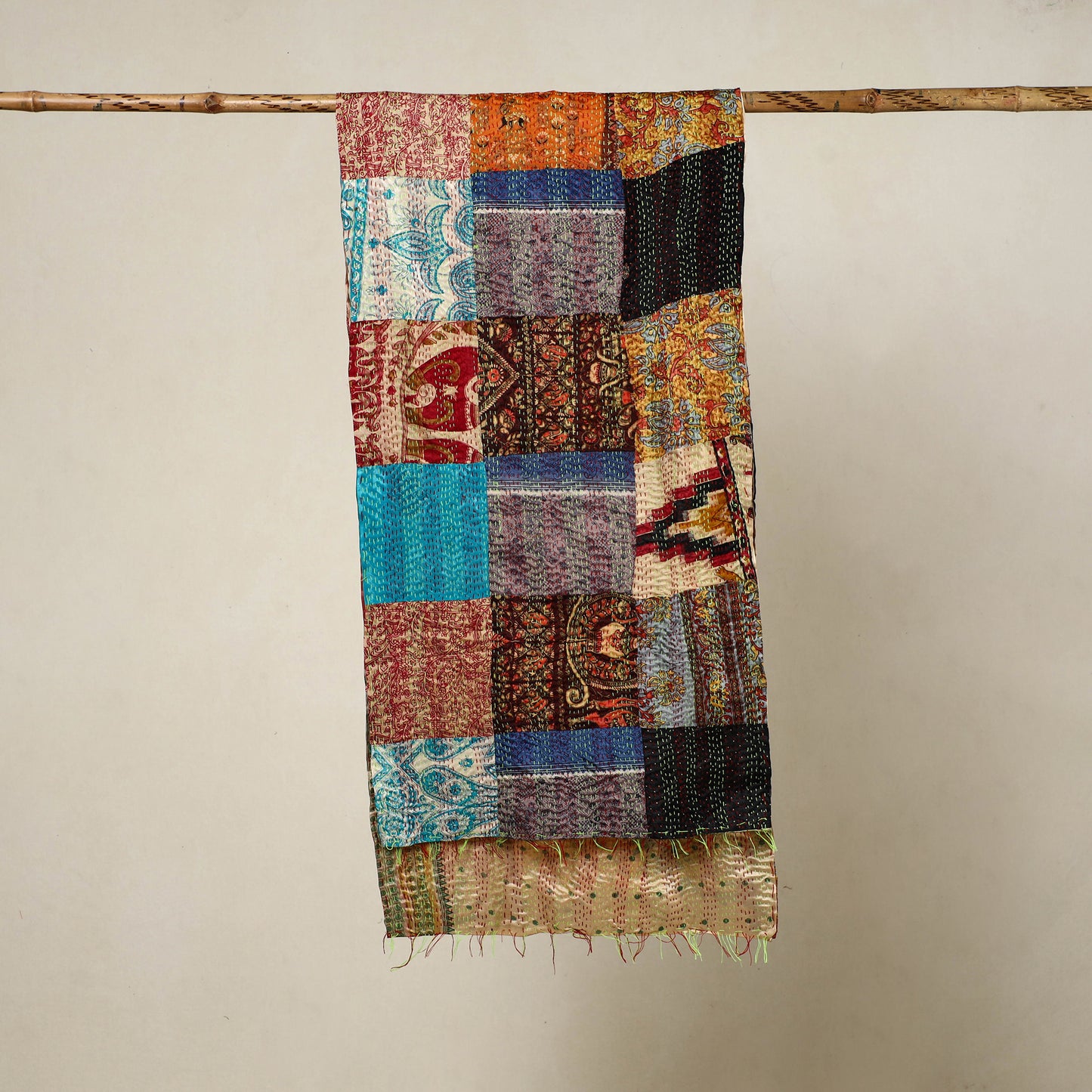 Multicolor - Reversible Patchwork Silk Bengal Kantha Stitch Stole 77