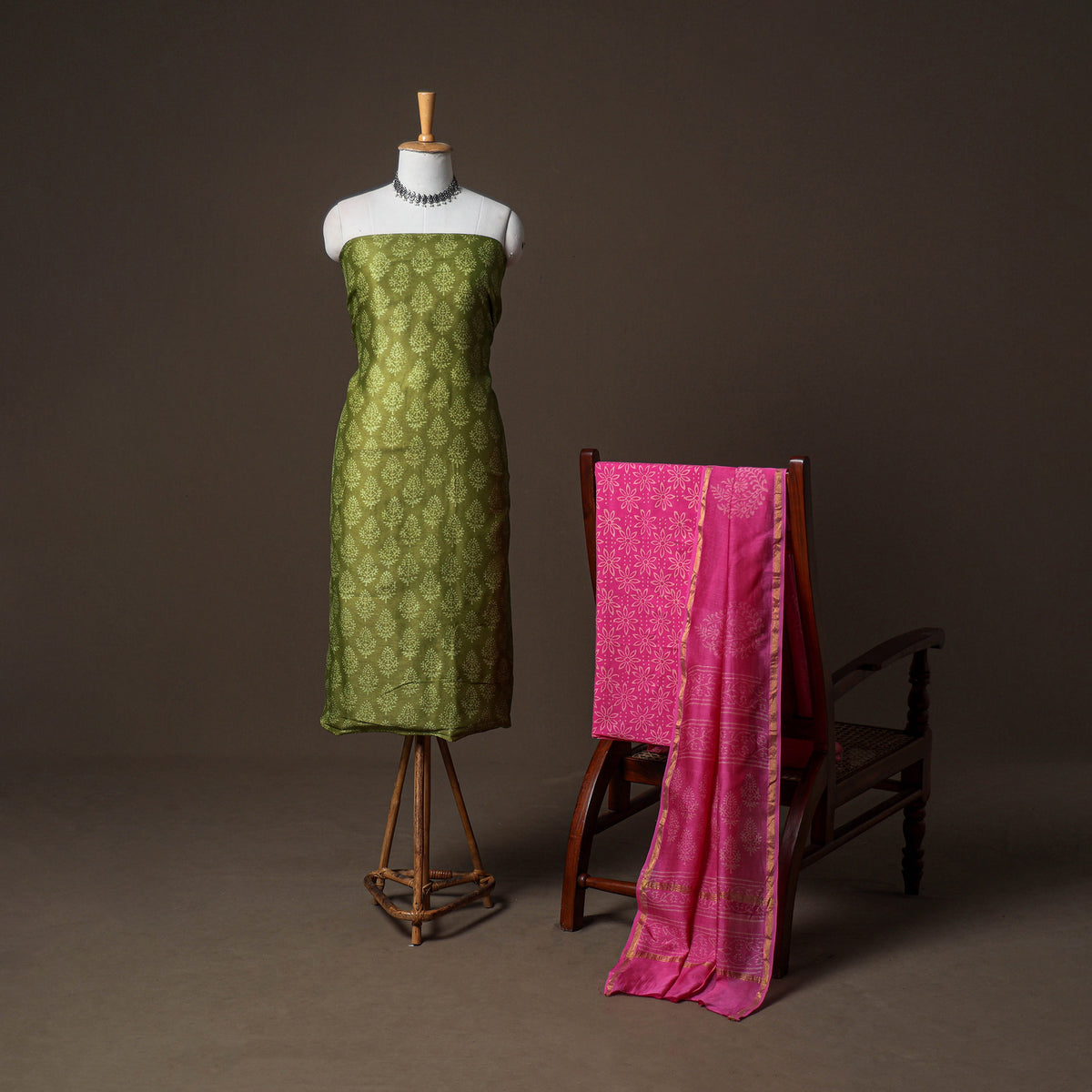 Chanderi Silk Jaipur Hand Block Print Unstitched Dress Material: Kurta, Bottom with Dupatta 19