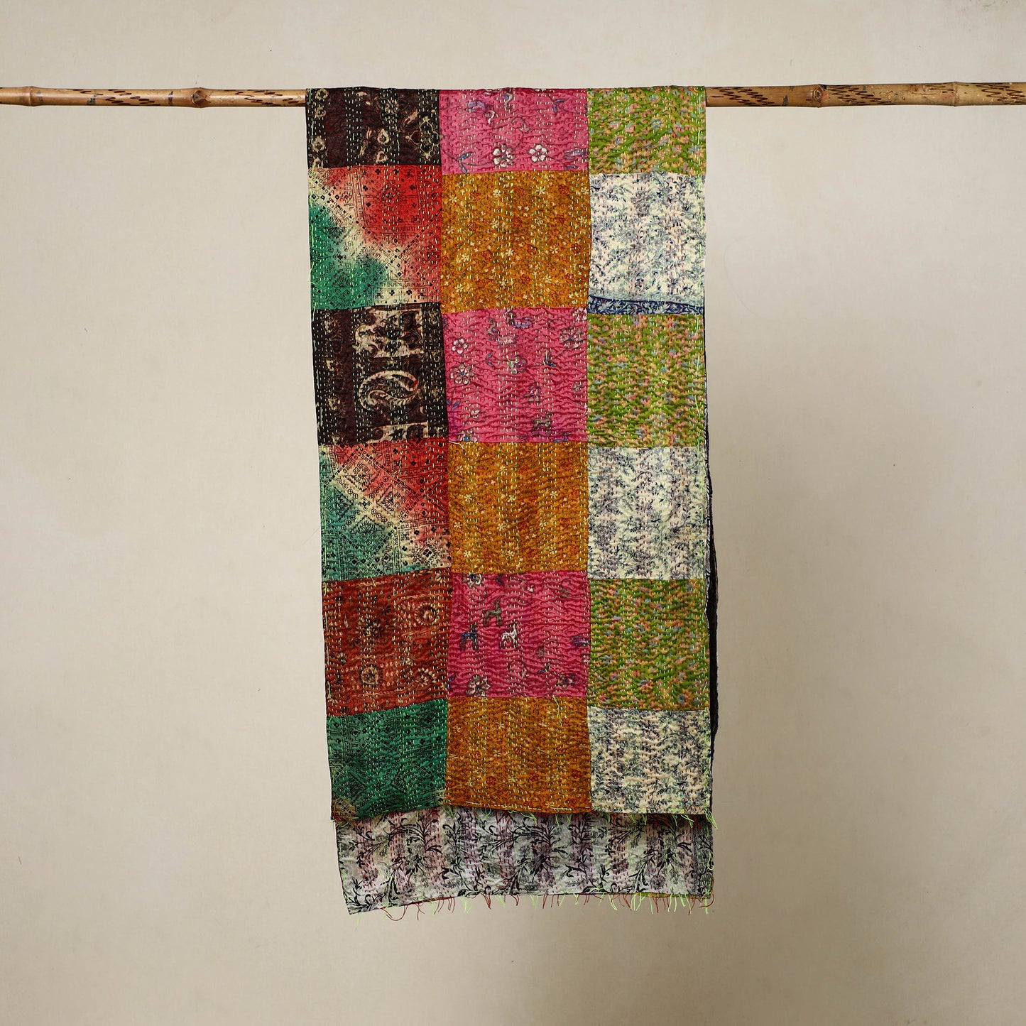 Multicolor - Reversible Patchwork Silk Bengal Kantha Stitch Stole 77