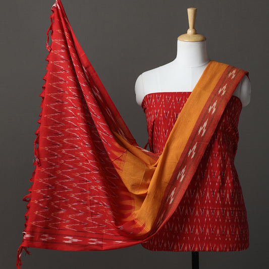 Red - 3pc Pochampally Ikat Weave Handloom Cotton Suit Material Set 21