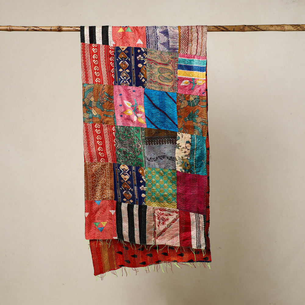 Multicolor - Reversible Patchwork Silk Bengal Kantha Stitch Stole 76