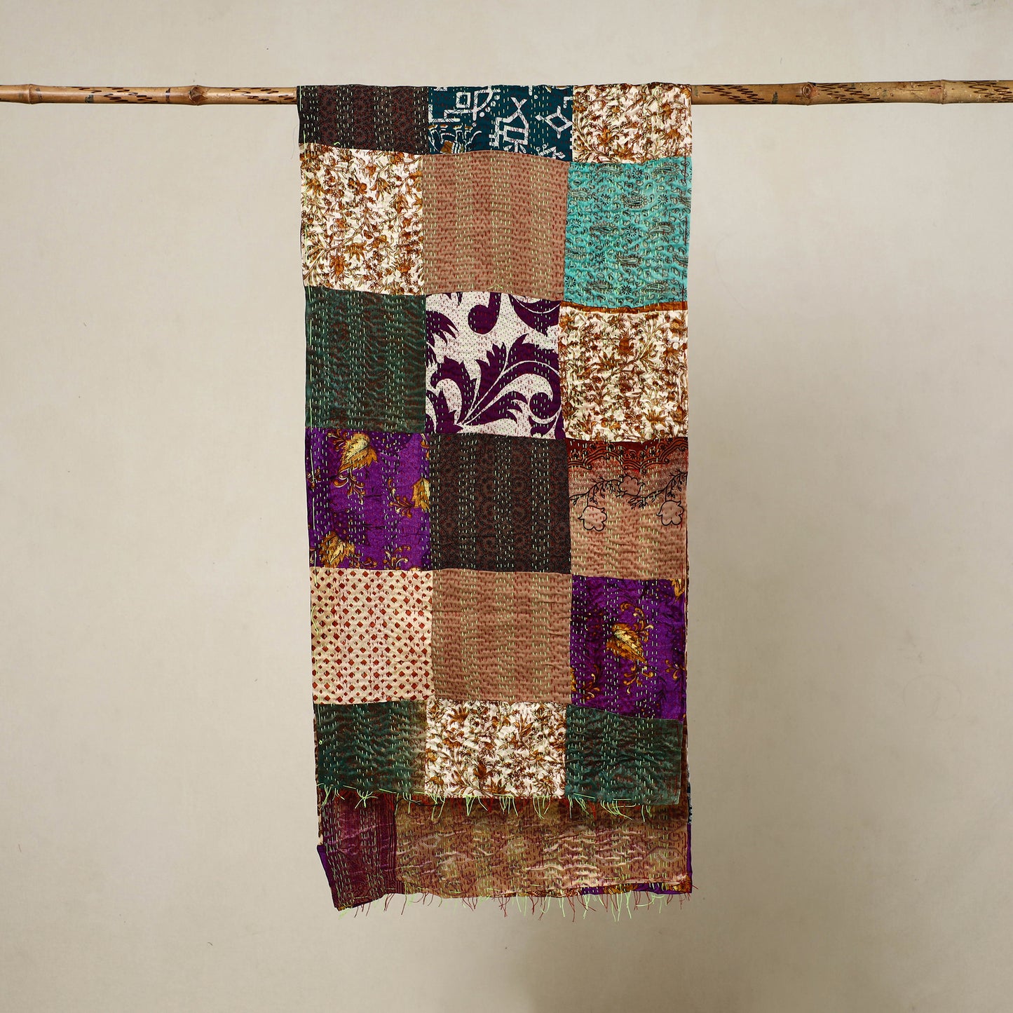 Multicolor - Reversible Patchwork Silk Bengal Kantha Stitch Stole 74