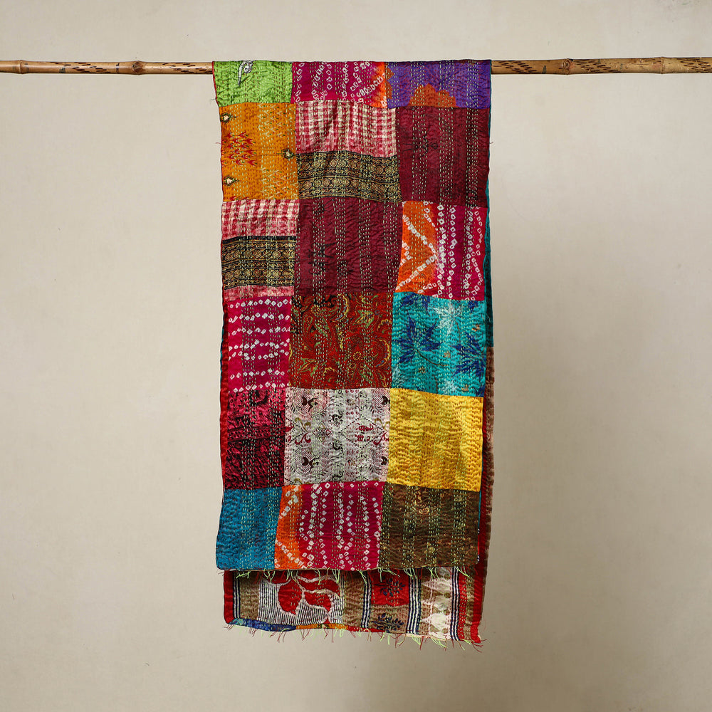 Multicolor - Reversible Patchwork Silk Bengal Kantha Stitch Stole 73