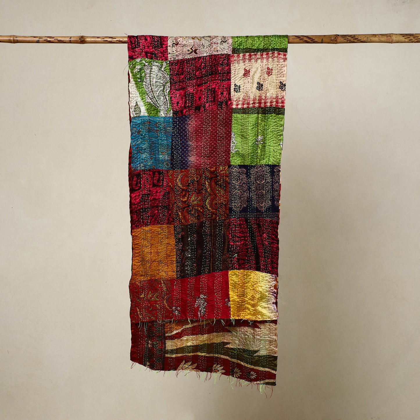 Multicolor - Reversible Patchwork Silk Bengal Kantha Stitch Stole 69