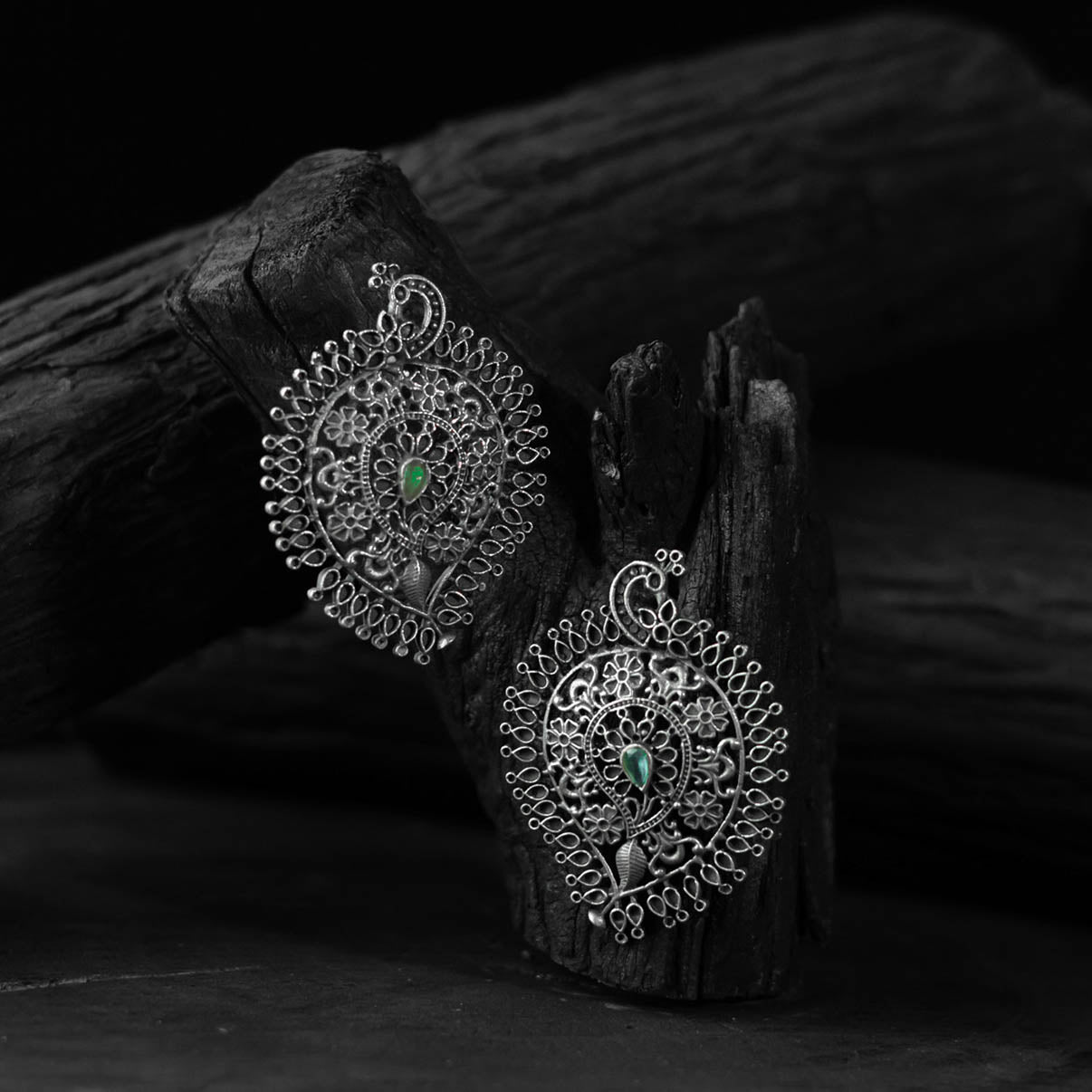 Green - saanjh bela peacock & paisley oxidised earrings