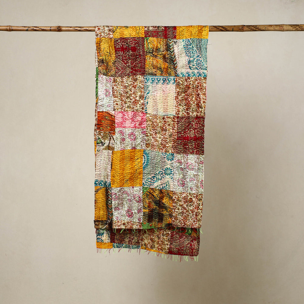 Multicolor - Reversible Patchwork Silk Bengal Kantha Stitch Stole 67