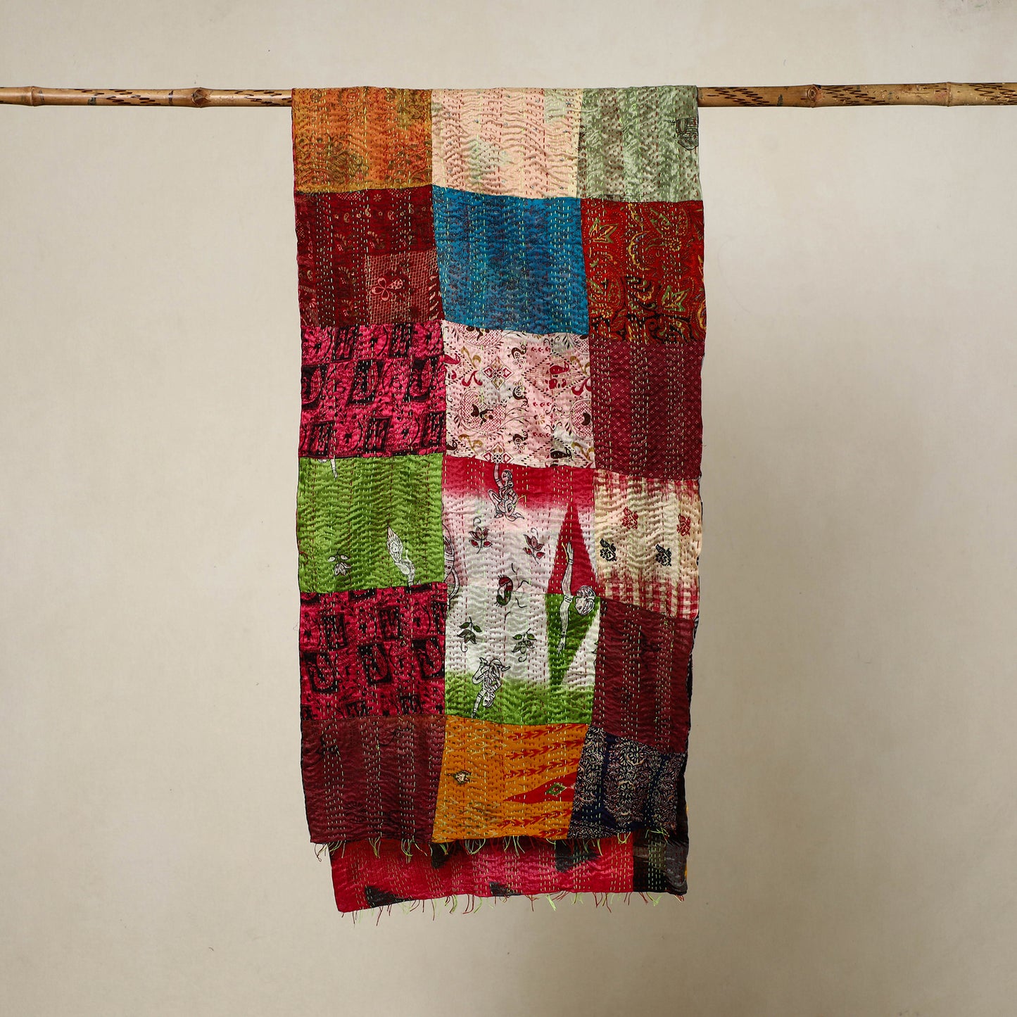 Multicolor - Reversible Patchwork Silk Bengal Kantha Stitch Stole 63