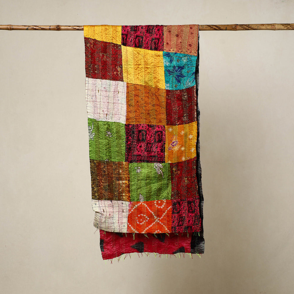 Multicolor - Reversible Patchwork Silk Bengal Kantha Stitch Stole 62