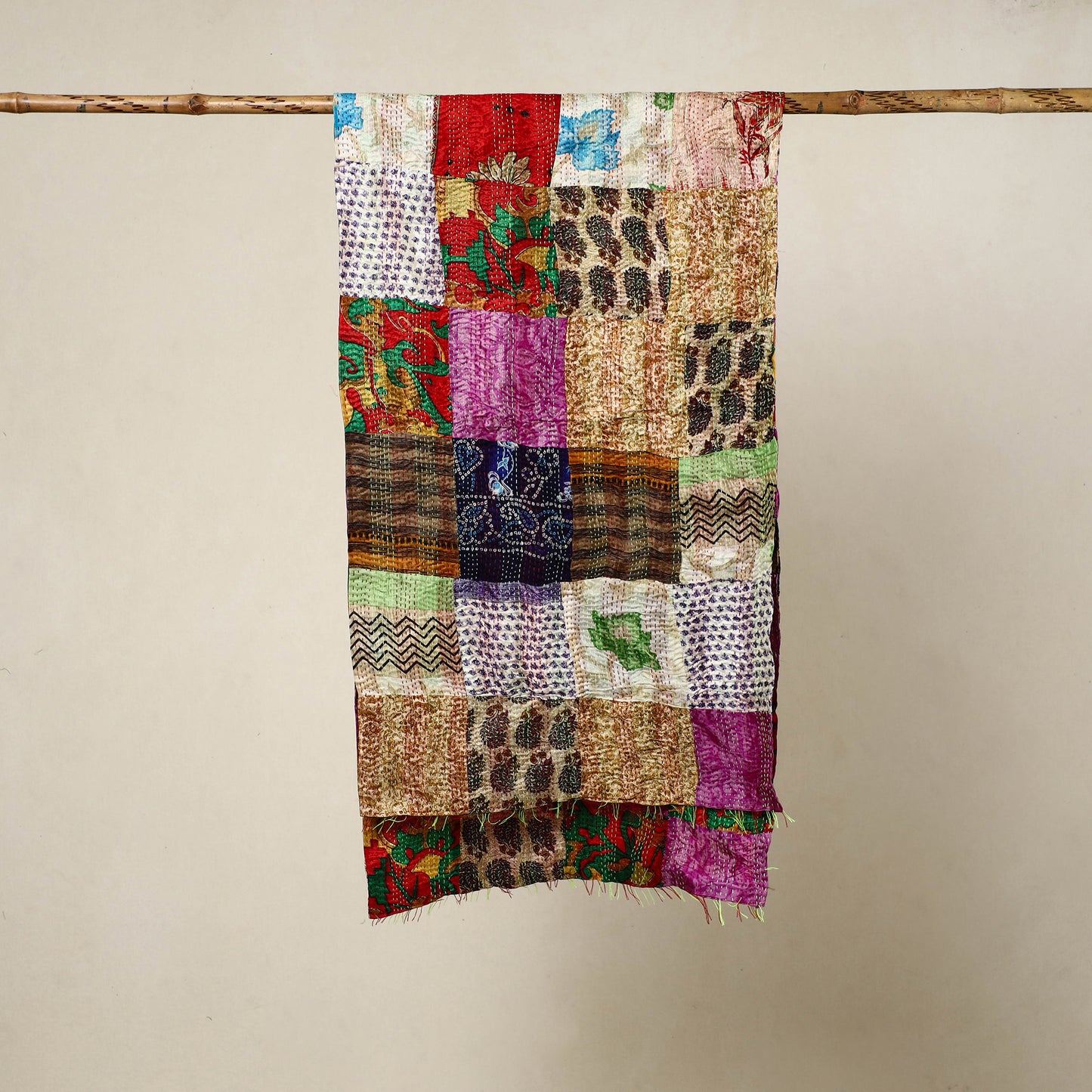 Multicolor - Reversible Patchwork Silk Bengal Kantha Stitch Stole 61