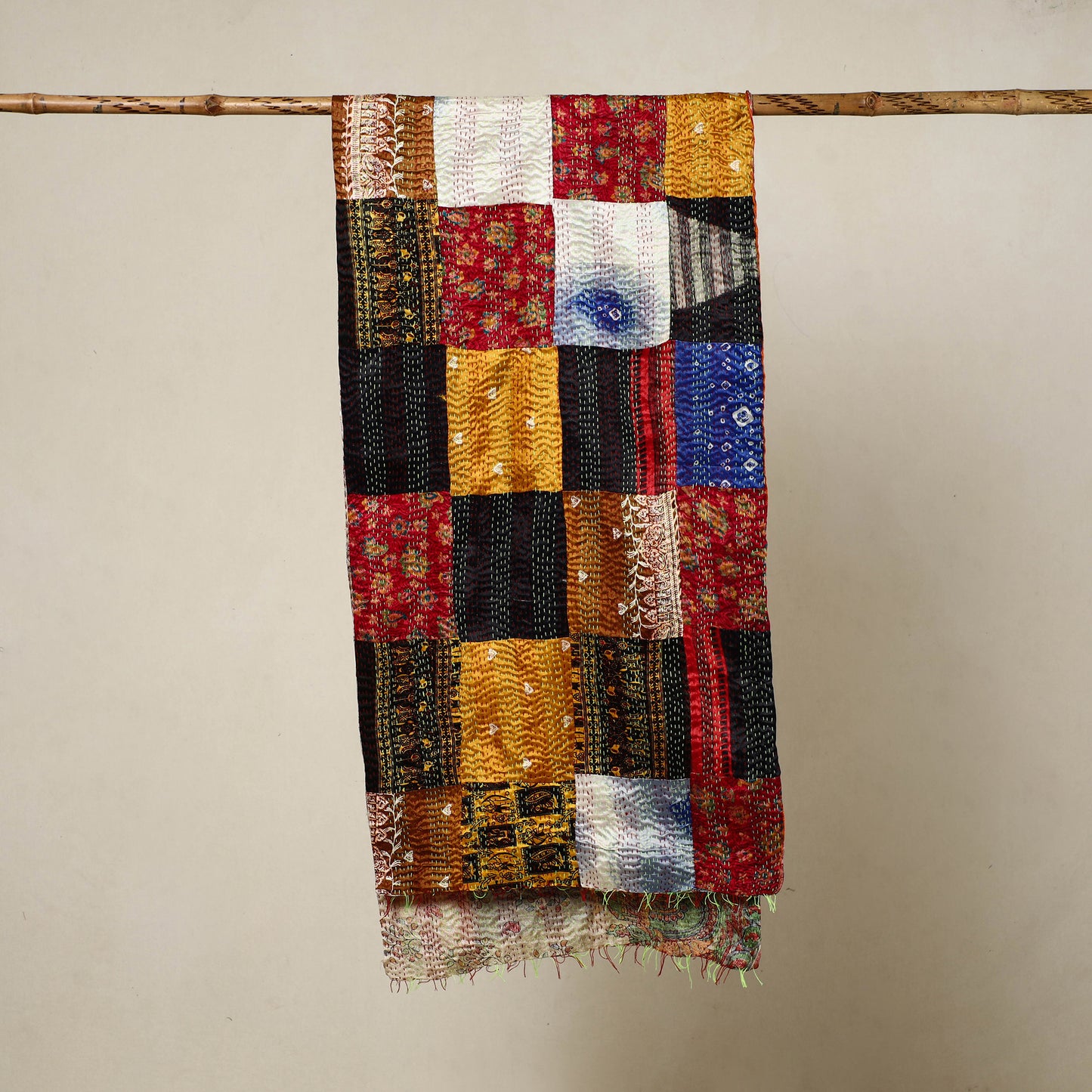 Multicolor - Reversible Patchwork Silk Bengal Kantha Stitch Stole 56