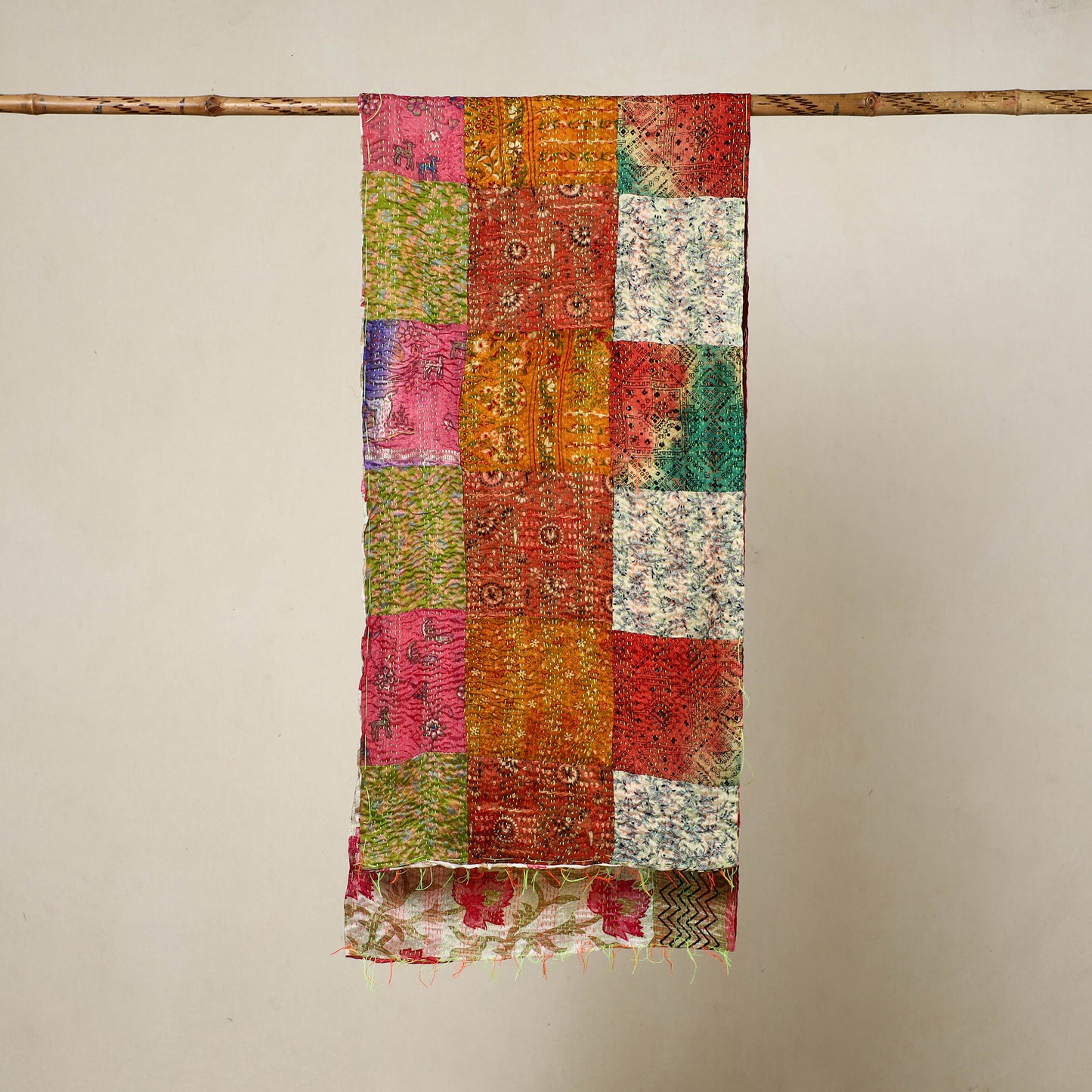 Multicolor - Reversible Patchwork Silk Bengal Kantha Stitch Stole 55