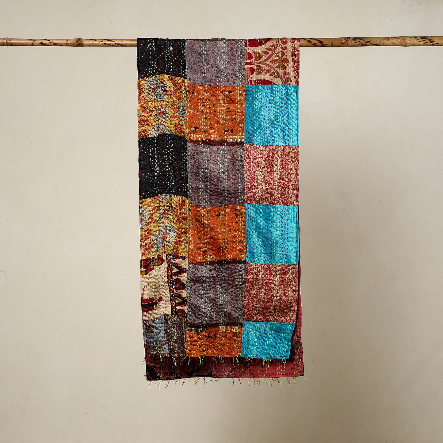 Multicolor - Reversible Patchwork Silk Bengal Kantha Stitch Stole 54