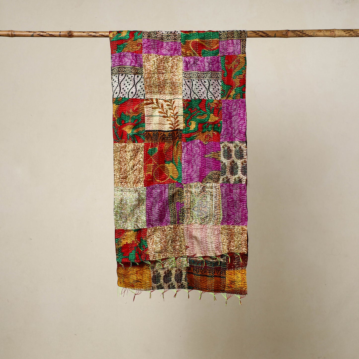 Multicolor - Reversible Patchwork Silk Bengal Kantha Stitch Stole 52