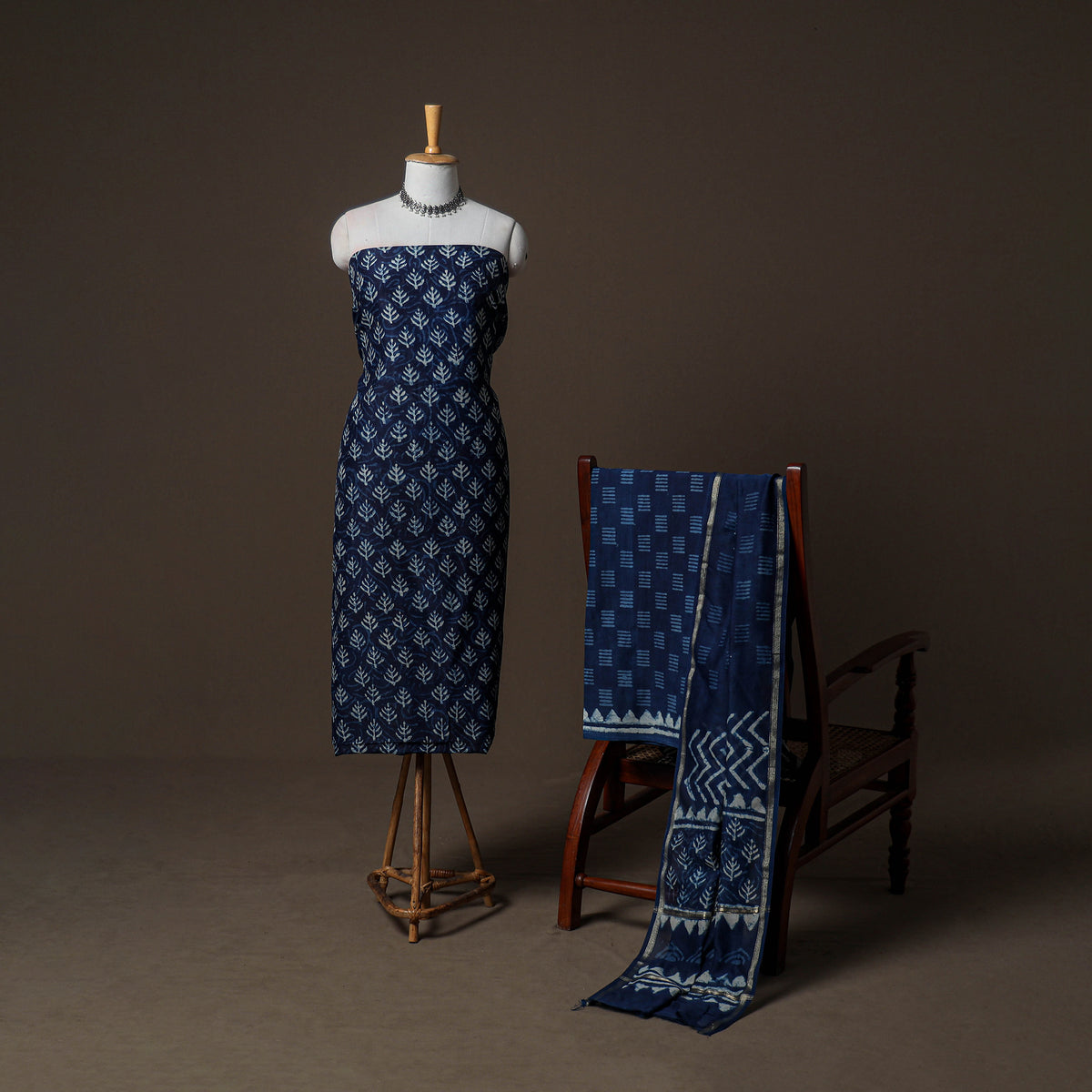 Chanderi Silk Indigo Bagru Hand Block Print Unstitched Dress Material: Kurta, Bottom with Dupatta 22