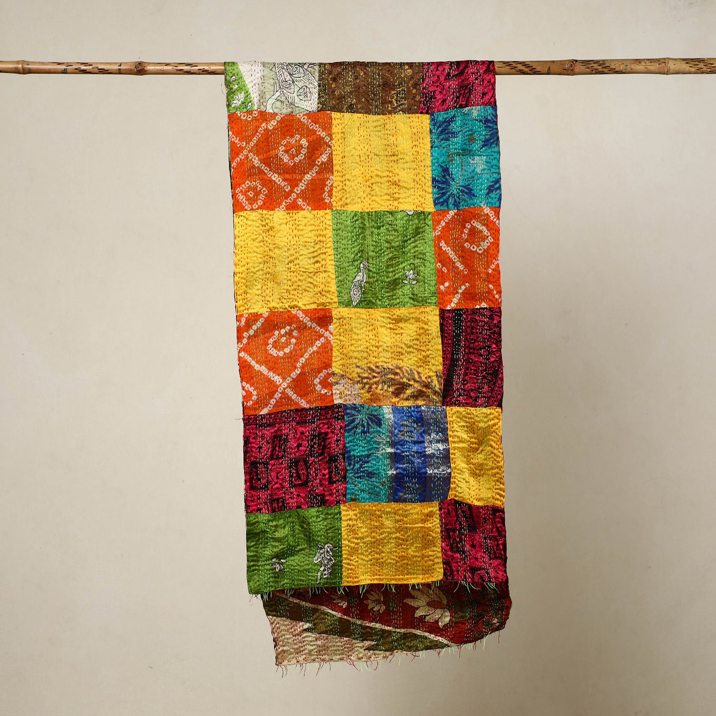 Multicolor - Reversible Patchwork Silk Bengal Kantha Stitch Stole 50