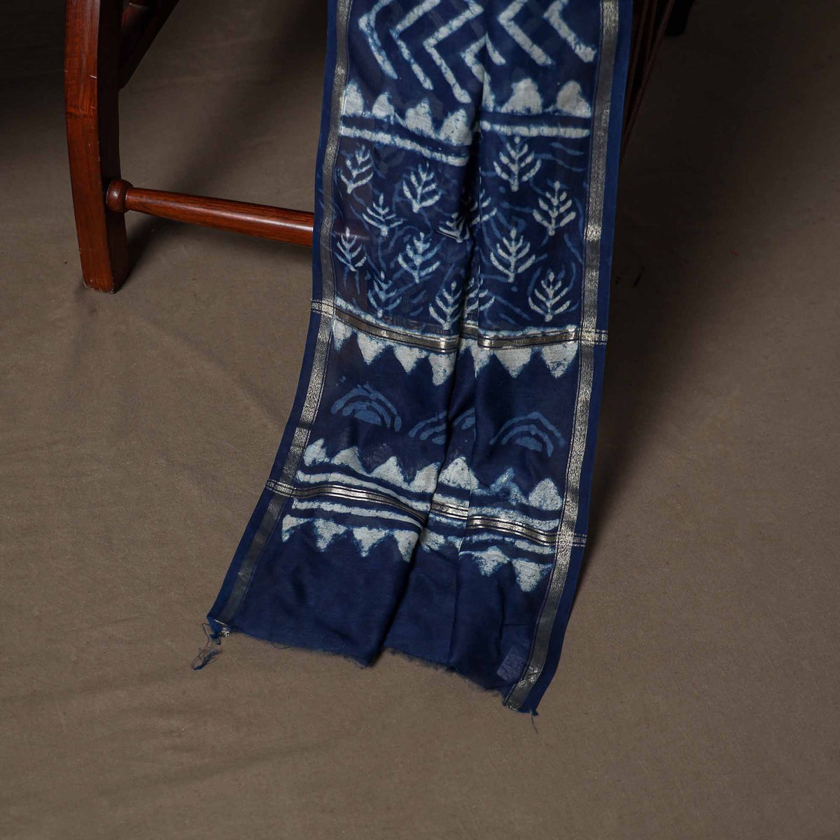 Chanderi Silk Indigo Bagru Hand Block Print Unstitched Dress Material: Kurta, Bottom with Dupatta 22