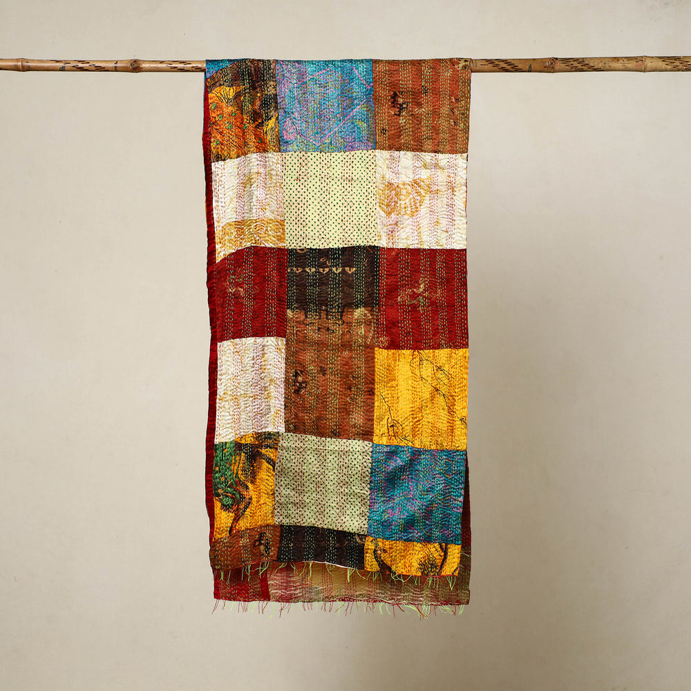 Multicolor - Reversible Patchwork Silk Bengal Kantha Stitch Stole 49