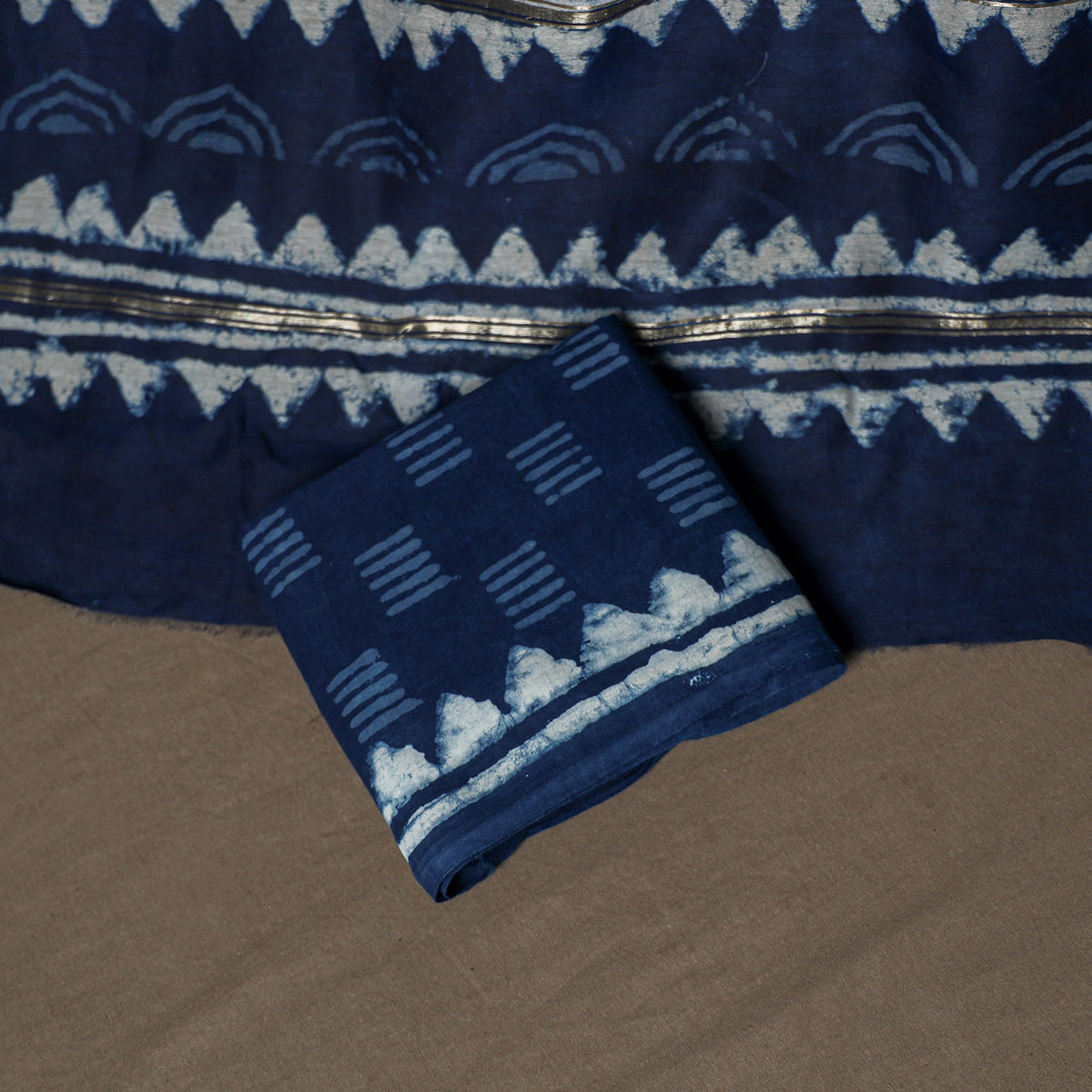 Chanderi Silk Indigo Bagru Hand Block Print Unstitched Dress Material: Kurta, Bottom with Dupatta 22