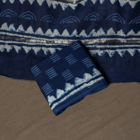 Chanderi Silk Indigo Bagru Hand Block Print Unstitched Dress Material: Kurta, Bottom with Dupatta 22