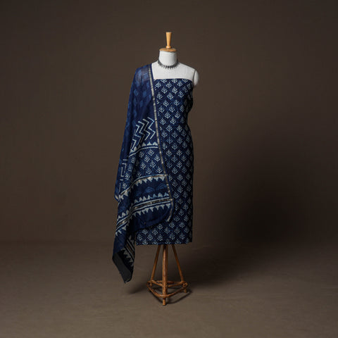 Chanderi Silk Indigo Bagru Hand Block Print Unstitched Dress Material: Kurta, Bottom with Dupatta 22