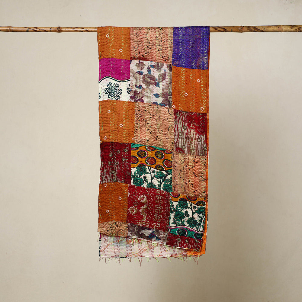 Multicolor - Reversible Patchwork Silk Bengal Kantha Stitch Stole 46