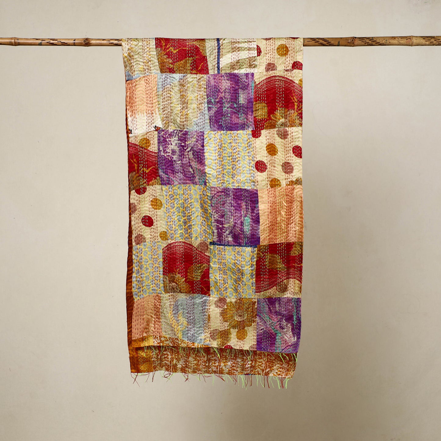 Multicolor - Reversible Patchwork Silk Bengal Kantha Stitch Stole 42