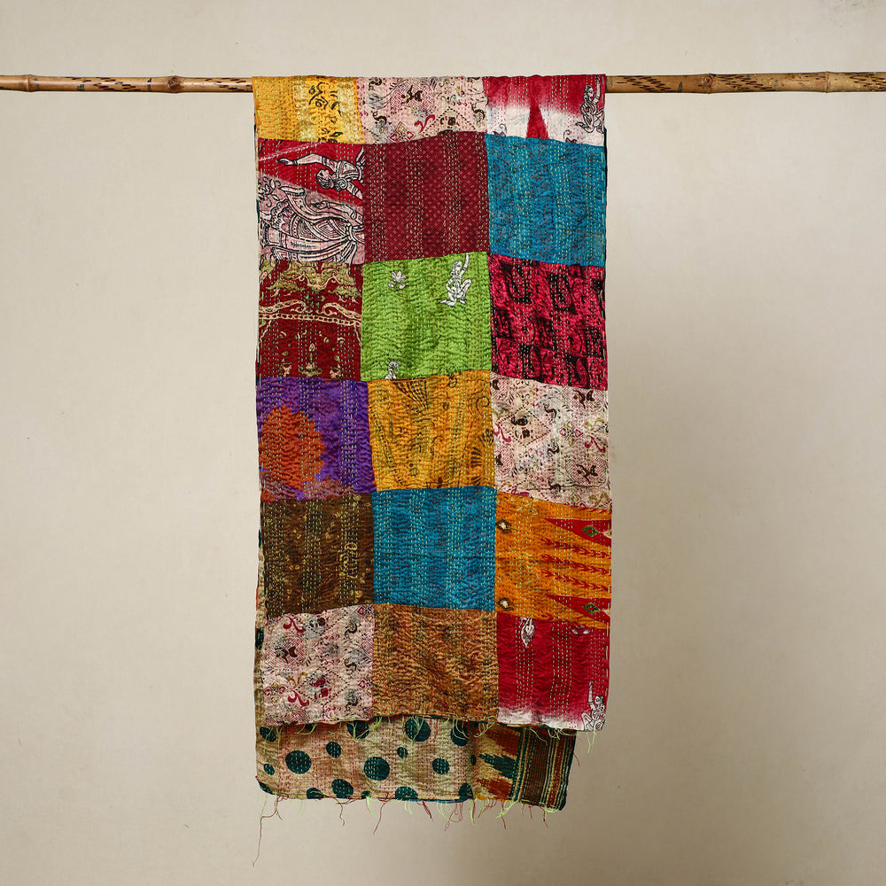 Multicolor - Reversible Patchwork Silk Bengal Kantha Stitch Stole 41