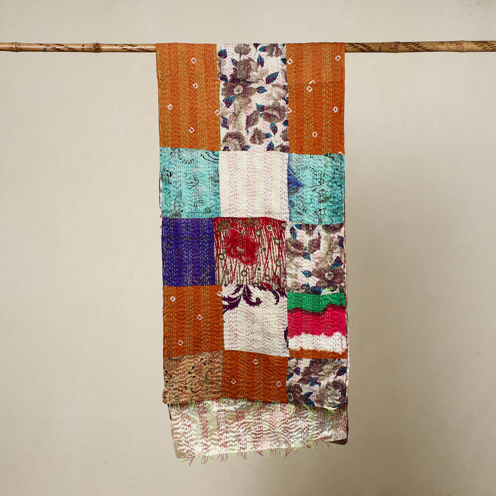 Multicolor - Reversible Patchwork Silk Bengal Kantha Stitch Stole 38