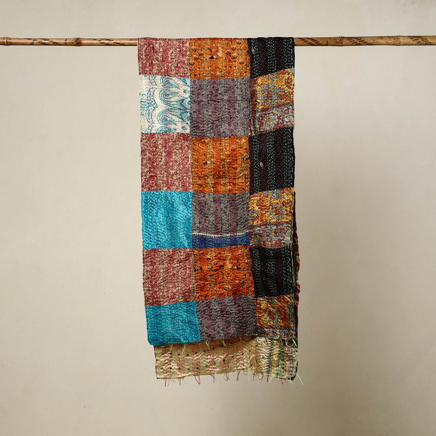 Multicolor - Reversible Patchwork Silk Bengal Kantha Stitch Stole 37