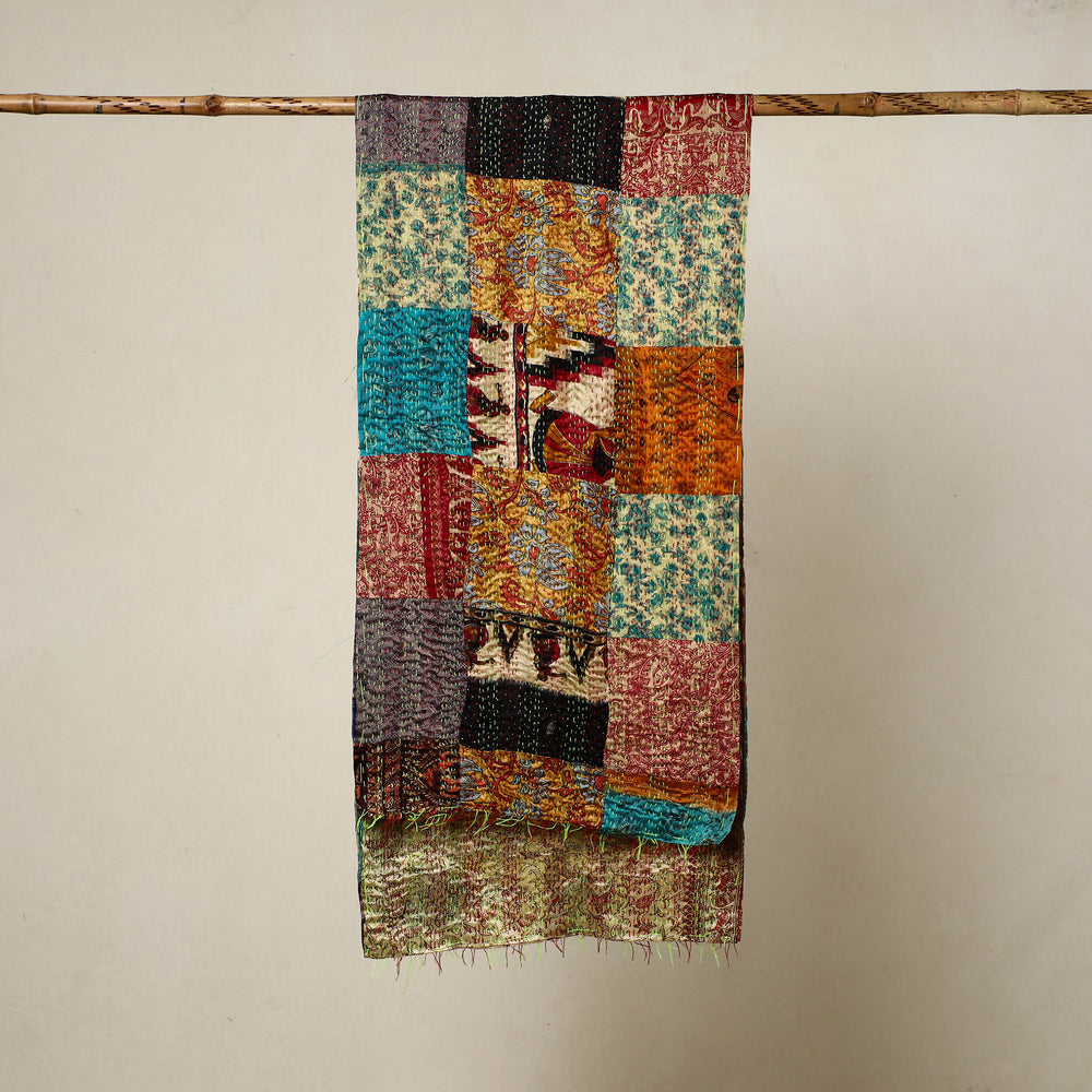 Multicolor - Reversible Patchwork Silk Bengal Kantha Stitch Stole 36