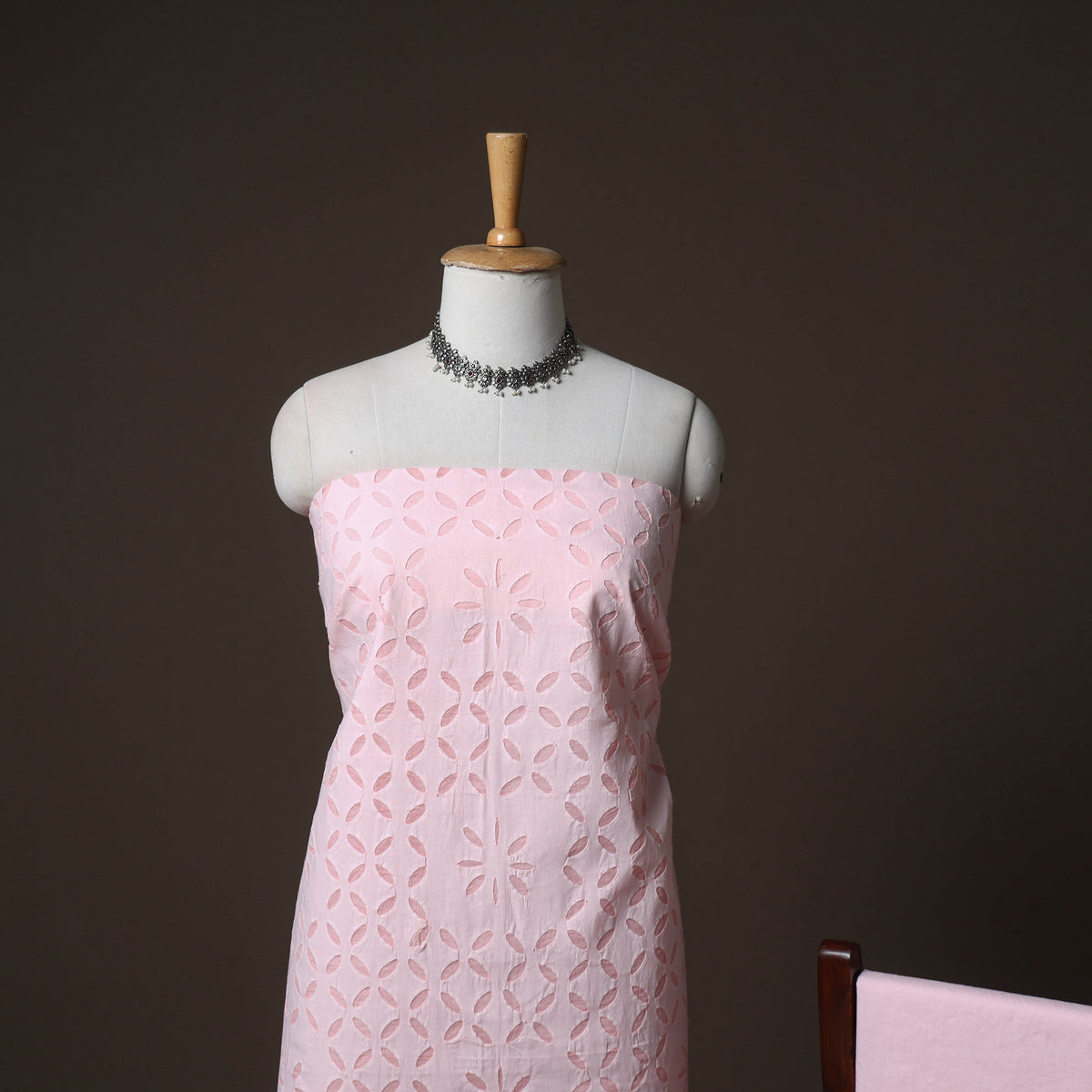 Applique Cutwork Cotton Unstitched Dress Material: Kurta, Bottom & Dupatta 01