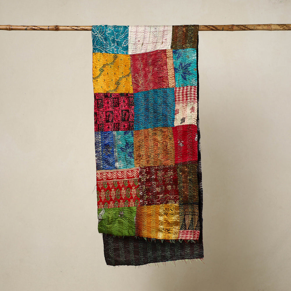 Multicolor - Reversible Patchwork Silk Bengal Kantha Stitch Stole 34