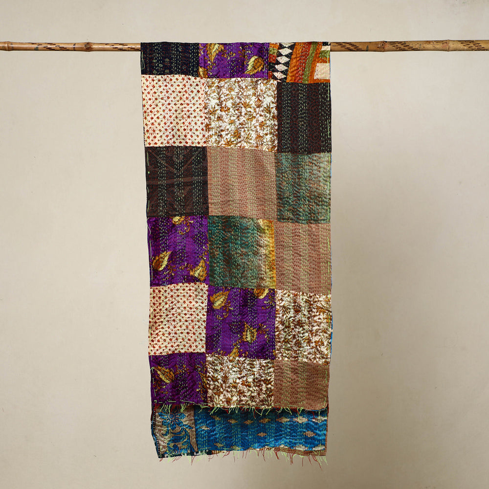 Multicolor - Reversible Patchwork Silk Bengal Kantha Stitch Stole 33