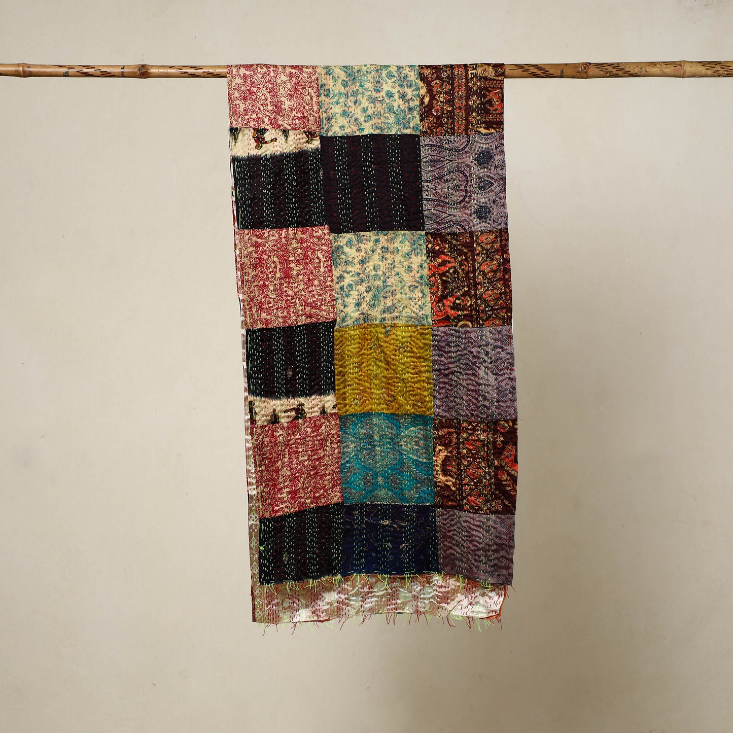 Multicolor - Reversible Patchwork Silk Bengal Kantha Stitch Stole 31