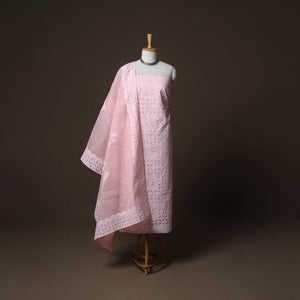 Pink - Applique Cutwork Cotton Unstitched Dress Material: Kurta, Bottom & Dupatta 01