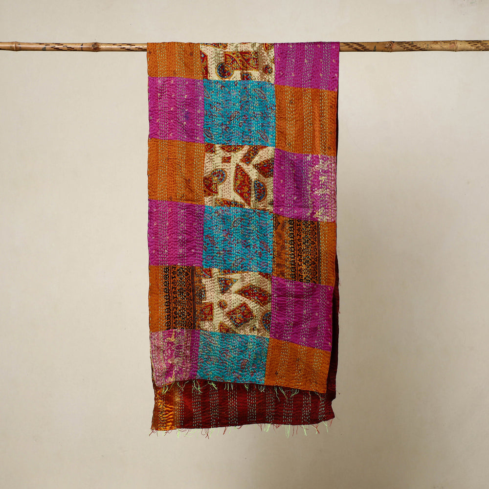 Multicolor - Reversible Patchwork Silk Bengal Kantha Stitch Stole 27