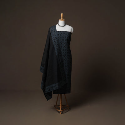 Applique Cutwork Cotton Unstitched Dress Material: Kurta, Bottom & Dupatta 02
