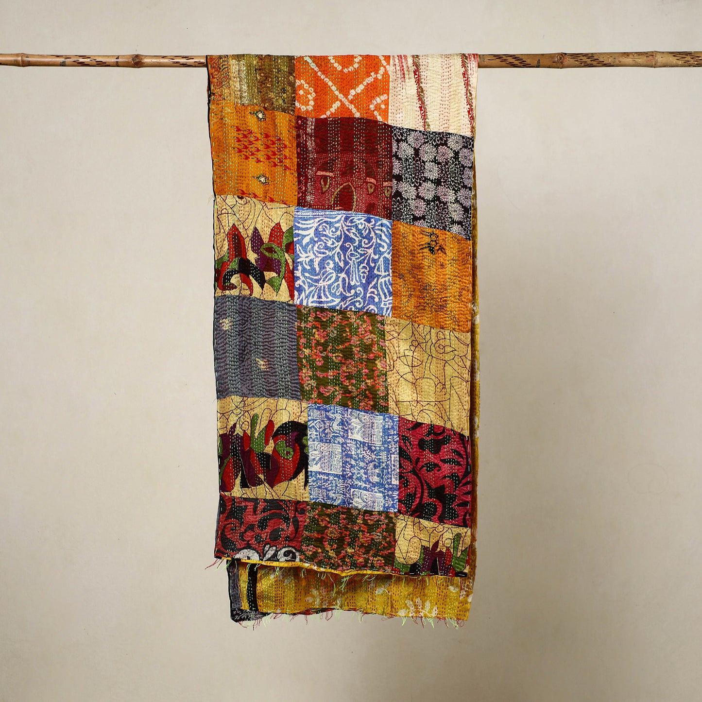 Multicolor - Reversible Patchwork Silk Bengal Kantha Stitch Stole 24